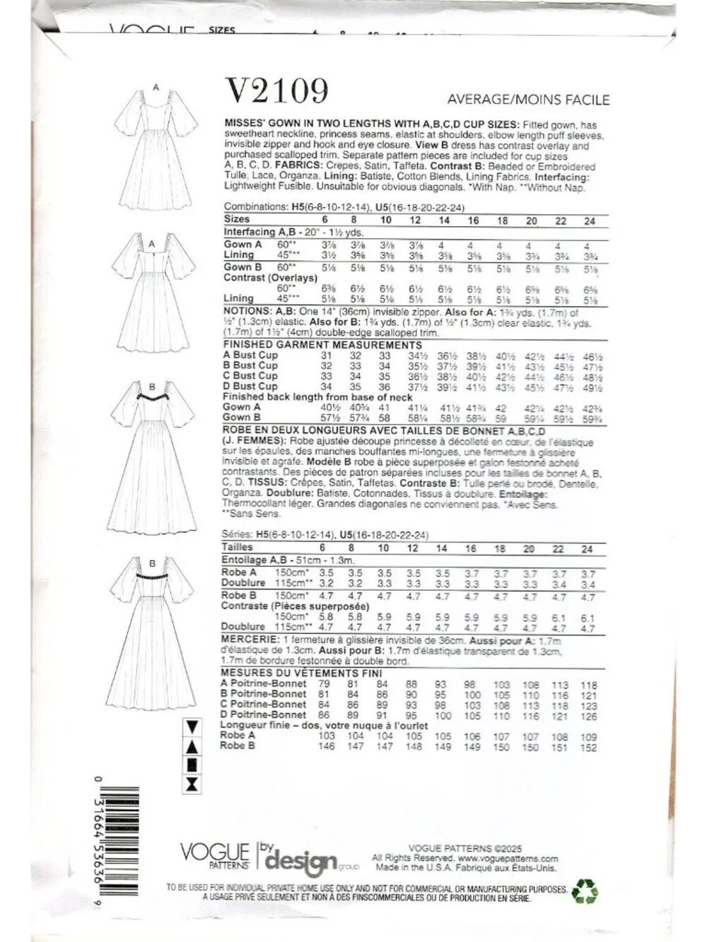 Vogue V2109 Misses 16 to 24 Gown in 2 lengths Uncut Sewing Pattern